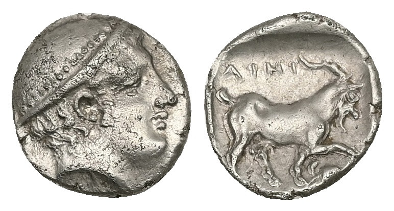 Thrace, Ainos. AR Diobol, 1.23 g 12.14 mm. Circa 408-406 BC.
Obv: Head of Hermes...