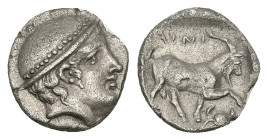 Thrace, Ainos. AR Diobol, 1.24 g 12.02 mm. Circa 408-406 BC.
Obv: Head of Hermes right wearing petasos.
Rev: AINI,Goat standing right; crab below rais...