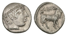 Thrace, Ainos. AR Diobol, 1.26 g 11.72 mm. Circa 429-427/6 BC.
Obv: Head of Hermes right, wearing petasos.
Rev: AIN, Goat standing right; club to righ...