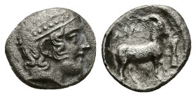 Thrace, Ainos. AR Tetrobol, 2.19 g 12.45 mm. Circa 408-406 BC.
Obv: Head of Hermes right wearing petasos.
Rev: AIN,Goat standing right; double axe bef...