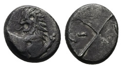 Thrace, Chersonesos. AR Hemidrachm. 2.15 g 12.40 mm. Circa 386-338 BC. 
Obv: Forepart of lion right, head left.
Rev: Quadripartite incuse square with ...