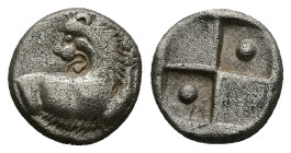 Thrace, Chersonesos. AR Hemidrachm, 2.25 g 12.29 mm. Circa 386-338 BC.
Obv: Forepart of lion right, head left.
Rev: Quadripartite incuse square, with ...