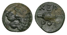 Thrace,Chersonesos. Ae, 1.44 g 11.51 mm. Circa mid-4th century-309 BC. 
Obv: Head of lion left. Linear border. 
Rev. ΧΕΡ-ΡΟ; Barley-corn. 
Ref.: HGC 3...