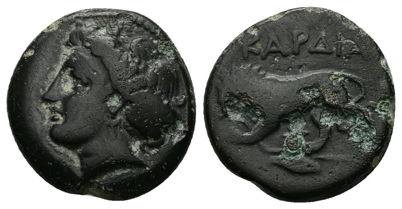 Thrace, Kardia. Ae, 8.00 g 20.51 mm. Circa 350-309 BC.
Obv: Wreathed head of Per...