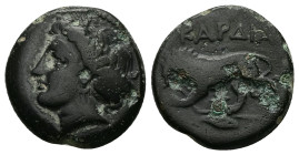 Thrace, Kardia. Ae, 8.00 g 20.51 mm. Circa 350-309 BC.
Obv: Wreathed head of Persephone left, wearing earring and necklace.
Rev: KAPΔIA. Lion standing...