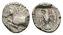 Kings of Thrace, Odrysian. Sparadokos. AR Diobol. 1.30 g 11.45 mm. Circa 450-440 BC.
Obv: Forepart of horse left.
Rev: Eagle flying left, holding serp...