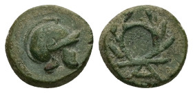 Thrace. Maroneia (as Agathokleia). Ae, 2.15 g 11.92 mm. After circa 290 BC.
Obv: Macedonian helmet right
Rev: Large A below wreath.
Ref: Cf. Psoma-...