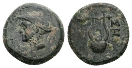 Thrace, Sestos. Ae, 4.28 g 16.99 mm. Circa 300 BC.
Obv: Head of Hermes left, wearing petasos.
Rev: ΣH. Kithara.
Ref: Von Fritze 16; HGC 3.2, 1648.
Fin...