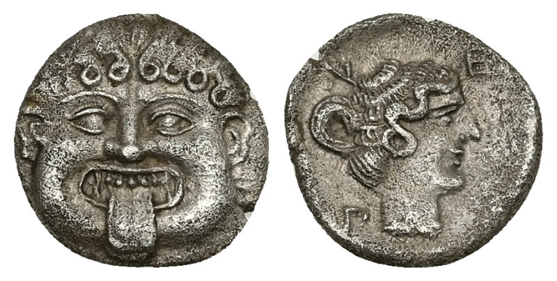 Macedon, Neapolis, AR Hemidrachm, 1.66 g 13.40 mm. Circa 375-350 BC,
Obv: Gorgo...