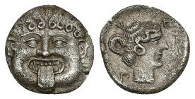 Macedon, Neapolis, AR Hemidrachm, 1.66 g 13.40 mm. Circa 375-350 BC,
Obv: Gorgoneion with protruding tongue,
Rev: N-E-O-P, head of Nymph right withi...