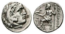 Kings of Macedon, Alexander III 'the Great'. AR Drachm, 4.28 g 16.36 mm. 336-323 BC. Sardes.
Obv: Head of Herakles right, wearing lion skin.
Rev: AΛEΞ...