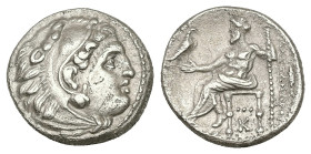 Kings of Macedon, Alexander III 'the Great'. AR Drachm, 4.18 g 16.39 mm. 336-323 BC. Kolophon.
Obv: Head of Herakles right, wearing lion skin.
Rev: AΛ...