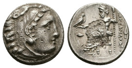 Kings of Macedon, Alexander III 'the Great'. AR Drachm, 4.08 g 16.89 mm. 336-323 BC. Kolophon.
Obv: Head of Herakles right, wearing lion skin.
Rev: AΛ...