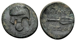 Kings of Macedon, Kassander. Ae, 4.10 g 18.43 mm. 317-305 BC. Uncertain mint.
Obv: Helmet right.
Rev: BAΣIΛEΩΣ KAΣΣANΔPOY. Spearhead right.
Ref: SNG M...
