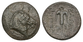 Seleukid Kingdom, Antiochos I Soter. Ae, 4.48 g 17.71 mm. 281-261 BC. Uncertain mint in Mesopotamia or farther East.
Obv: Horned head of horse right.
...