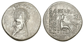 Kings of Parthia. Sinatrukes. AR Drachm, 3.82 g 19.00 mm. 93-69 BC. Rhagae.
Obv: Diademed and draped bust of Sinatrukes to left, wearing tiara decorat...