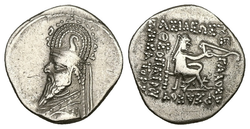 Kings of Parthia.AR Drachm, 3.86 g 19.33 mm. Sinatrukes 93-69 BC. Rhagae.
Obv: D...