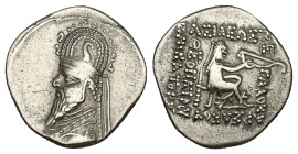 Kings of Parthia.AR Drachm, 3.86 g 19.33 mm. Sinatrukes 93-69 BC. Rhagae.
Obv: Diademed and draped bust of Sinatrukes to left, wearing tiara decorated...