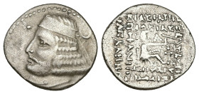 Kings of Parthia. Orodes II. AR Drachm, 3.55 g 20.11 mm. Circa 57-38 BC. Mithradatkart.
Obv: Diademed and draped bust left, wearing medium beard; star...