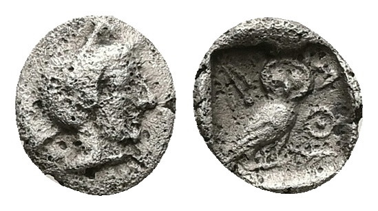 Attica, Athens. AR Hemiobol, 0.39 g 8.60 mm. Circa 454-404 BC.
Obv: Helmeted hea...