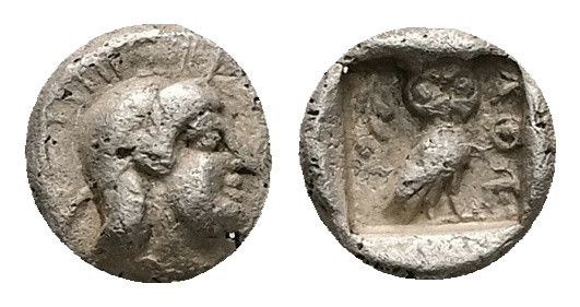 Attica, Athens. AR Hemiobol, 0.40 g 7.08 mm. Circa 454-404 BC.
Obv: Helmeted hea...