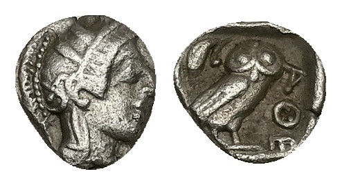 Attica, Athens. AR Hemiobol, 0.30 g 7.42 mm. Circa 454-404 BC.
Obv: Helmeted hea...