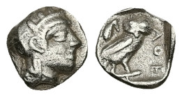 Attica, Athens. AR Obol, 0.61 g 9.10 mm. Circa 454-404 BC.
Obv: Helmeted head of Athena right.
Rev: AΘE, Owl standing right, head facing; olive sprig ...