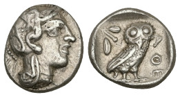 Attica, Athens. AR Drachm, 4.26 g 16.00 mm. Circa 454-404 BC.
Obv: Helmeted head of Athena right.
Rev: AΘE,Owl standing right, head facing; olive spri...