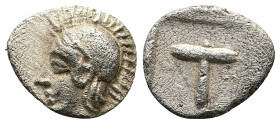 Arkadia, Tegea. AR Hemiobol, 0.23 g 7.06 mm. Circa 423-400 BC.
Obv: Helmeted head of Athena left.
Rev: Large T within shallow incuse square.
Ref: HGC ...
