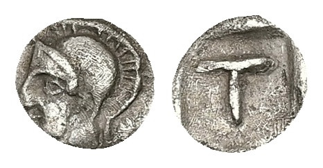 Arkadia, Tegea. AR Tetartemorion. 0.16 g 6.72 mm. Circa 423-400 BC.
Obv: Helmete...