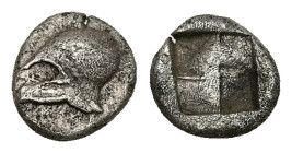 Asia Minor, Uncertain. AR Hemiobol, 0.68 g 8.22 mm. Late 6th-early 5th centuries BC. 
Obv: Helmet left 
Rev: Quadripartite incuse square. 
Ref: SNG Ka...