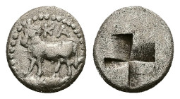 Bithynia, Kalchedon. AR Trihemiobol or 1/4 Siglos, 1.15 g 10.18 mm. Circa 340-320 BC.
Obv: Bull standing left, grain ear below.
Rev: KA, Quadripartite...