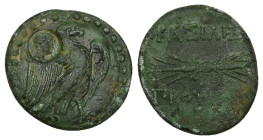 Kings of Bithynia, Prusias II Kynegos. Ae, 4.87 g 19.39 mm. 182-149 BC. Nikomedeia.
Obv: Eagle standing right, with wings spread.Countermark: Female h...