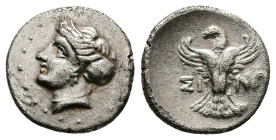 Paphlagonia, Sinope. AR Hemidrachm, 2.67 g 16.27 mm. 4th-3rd century BC. 
Obv: Female head wearing turreted crown left.
Rev: ΣΙ - ΝΩ. Eagle facing, he...