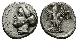 Paphlagonia, Sinope. AR Hemidrachm, 2.76 g 14.13 mm. 4th-3rd century BC.
Obv: Head of nymph left, with hair in sakkos.
Rev: ΣΙ - ΝΩ. Eagle facing, hea...