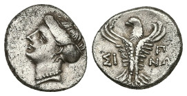 Paphlagonia, Sinope. AR Hemidrachm, 2.91 g 15.44 mm. Circa 330-250 BC. 
Obv: Head of nymph left, with hair in sakkos.
Rev: ΣΙ - NΩ. Eagle facing, head...