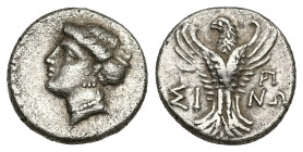Paphlagonia, Sinope. AR Hemidrachm, 3.06 g 14.86 mm. Circa 330-250 BC. 
Obv: Head of nymph left, with hair in sakkos.
Rev: ΣΙ - NΩ. Eagle facing, head...
