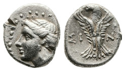 Paphlagonia, Sinope. AR Hemidrachm, 3.00 g 14.07 mm. 4th-3rd century BC.
Obv: Female head wearing turreted crown left.
Rev: ΣΙ - ΝΩ. Eagle facing, hea...