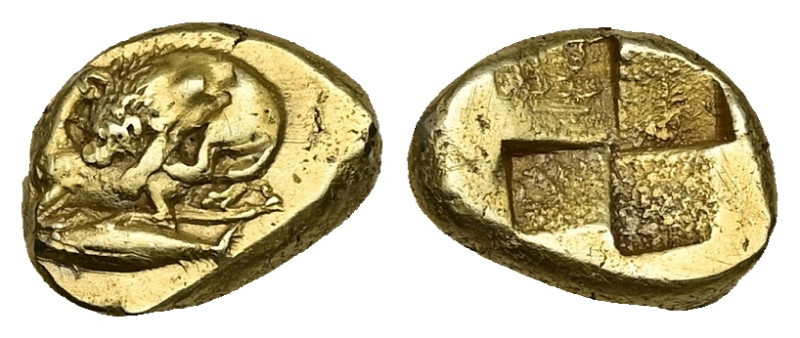 Mysia, Kyzikos. EL Hekte, 2.65 g 12.65 mm. (Circa 360-330 BC).
Obv: Lion attacki...