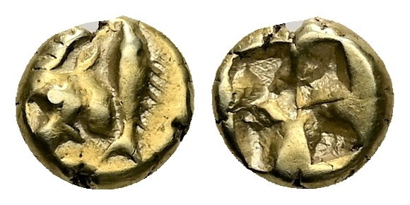 Mysia, Kyzikos. EL Hemihekte, 1.30 g 8.04 mm. Circa 550-450 BC. 
Obv: Head of go...