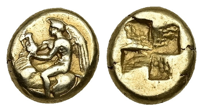 Mysia, Kyzikos. EL Hekte, 2.67 g 10.71 mm. Circa 450-330 BC.
Obv: Eros seated l...