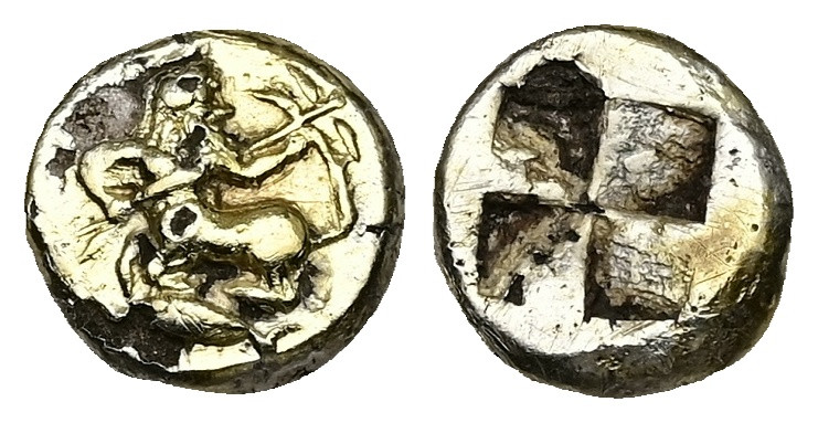 Mysia, Kyzikos. EL Fourrèe Hekte, 2.13 g 11.08 mm. Circa 550-450 BC.
Obv: Bearde...