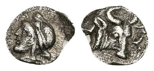 Mysia, Kyzikos. AR Hemiobol. 0.29 g 9.12 mm. Circa 410-400 BC.
Obv: Head of Atti...