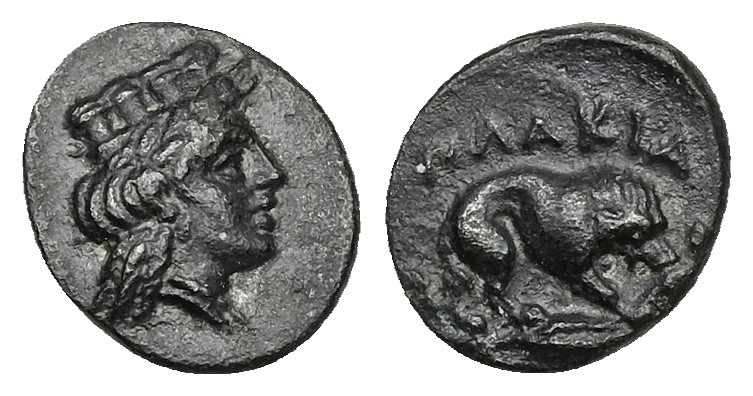 Mysia, Plakia. Ae, 1.24 g 11.96 mm. 4th century BC. 
Obv: Turreted head of Kybel...