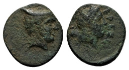 Lesbos, Eresos. Ae, 2.56 g 14.54 mm. 3rd century BC.
Obv: Head of Hermes right, wearing petasos.
Rev: EPEΣ, Artemis right, quiver behind shoulder.
...