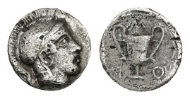 Lesbos, Methymna. AR Hemiobol. 1.46 g 3.00 mm. Circa 450-379 BC.
Obv: Helmeted head of Athena to right.
Rev: Kantharos; Μ-Α-Θ around.
Ref: SNG Copenha...