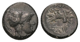 Lesbos, Methymna. AR Tetrobol, 2.71 g 13.66 mm. 330-280 BC. 
Obv: Helmeted head of Athena right 
Rev: [AIOΛE], thunderbolt; below, kerykeion above A. ...