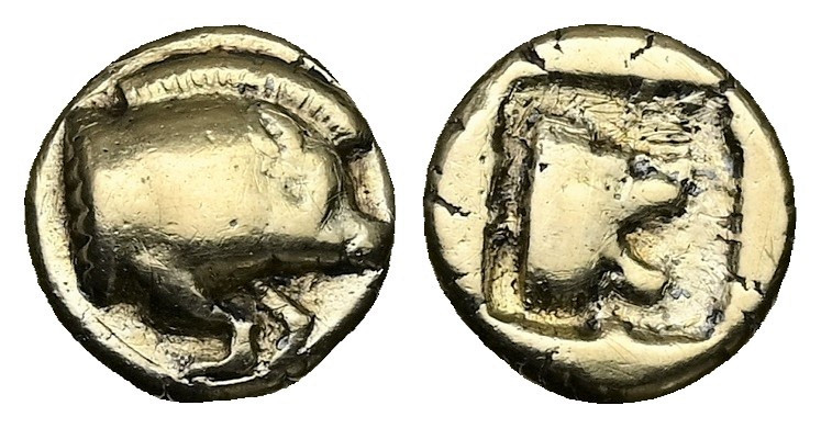 Lesbos, Mytilene. EL Fourrèe Hekte, 1.86 g 11.42 mm. Circa 454-428/7 BC. 
Obv: F...