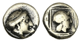 Lesbos, Mytilene. EL Hekte, 2.44 g 11.11 mm. Circa 412-378 BC.
Obv: Horned head of Io right, wearing tainia.
Rev: Head of Dionysos right, wearing ivy ...
