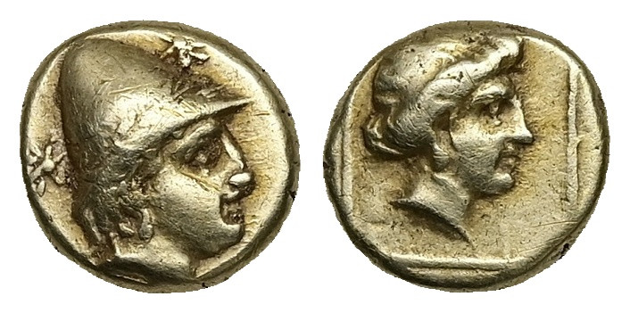 Lesbos, Mytilene. EL Hekte, 2.54 g 10.64 mm. Circa 377-326 BC.
Obv: Head of Kabe...